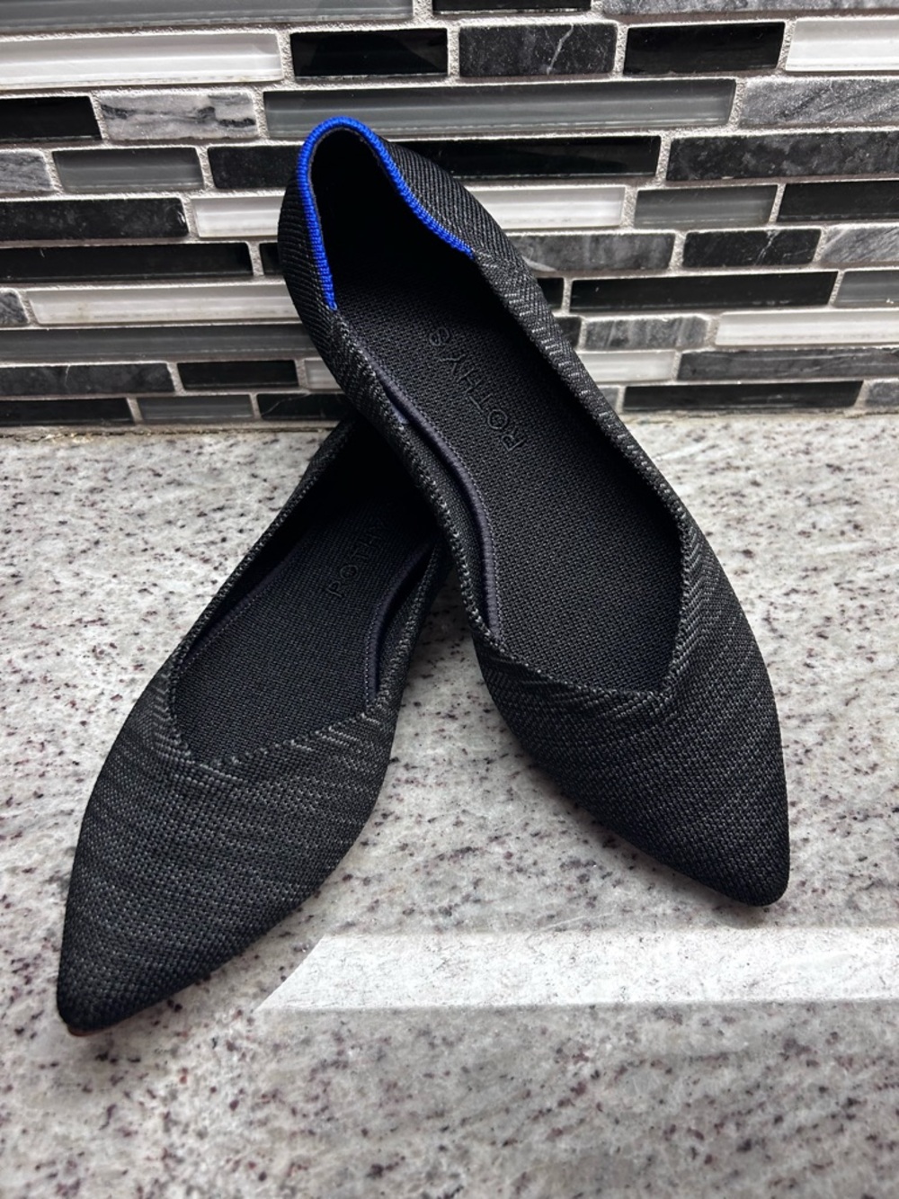 Rothy’s Pointed Black Women's Black and Gray Ballet Flats with Blue Trim size 8